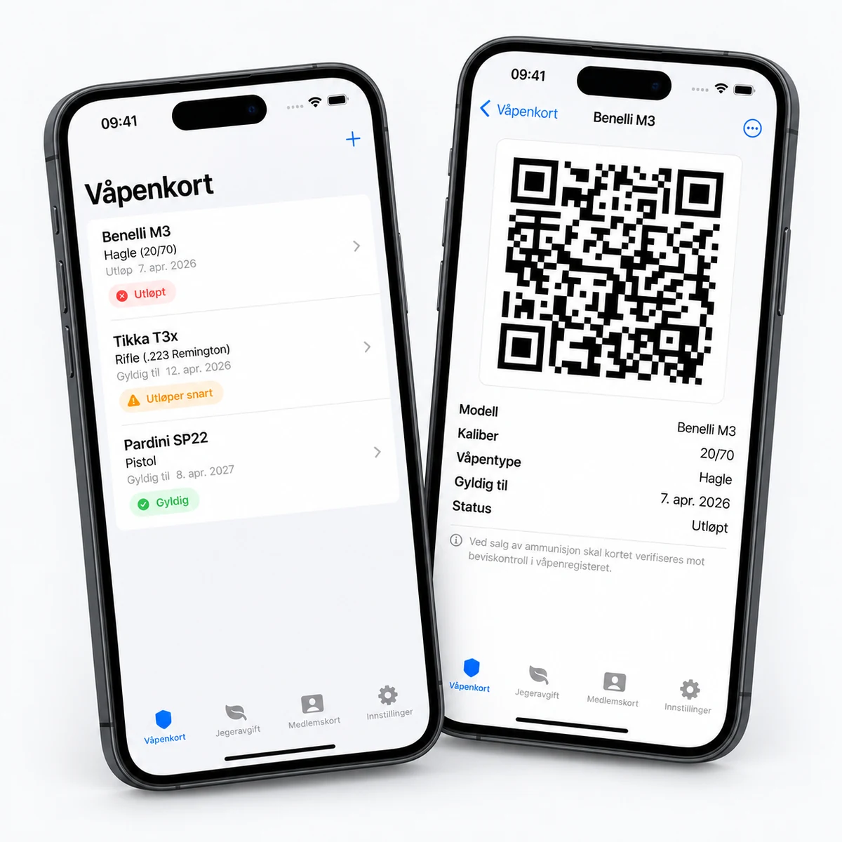 Våpenkort på to iPhone-skjermer med kortoversikt og QR-kode for et eksempelkort